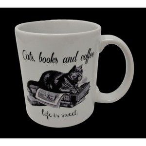 Coffee Mug Cats on Books Life is Sweet C Handle Librarian Reader Kitty‎ Cat Lady